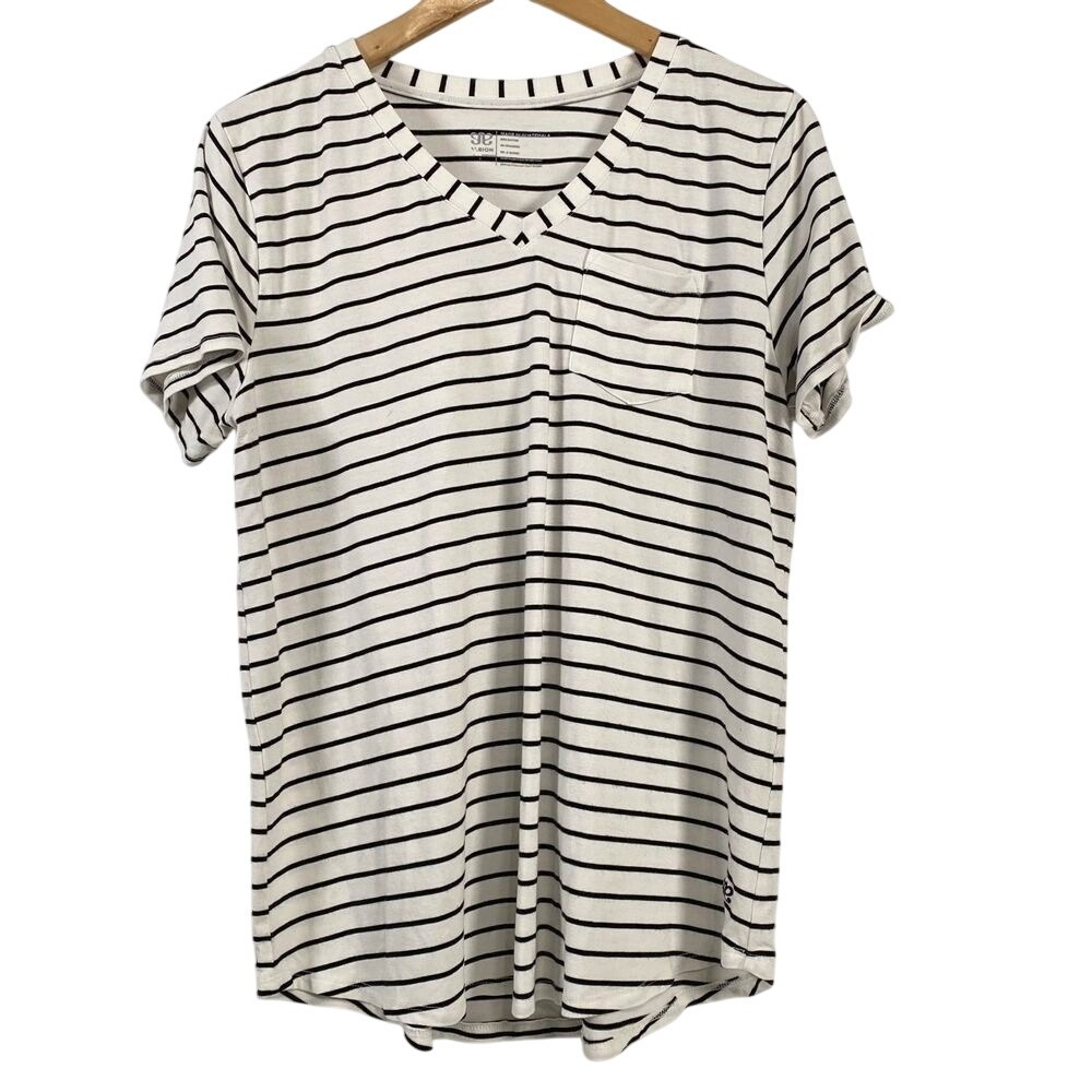 Albion Womens Stripe Pocket Short Sleeve Shirt M White Comfy Athleisure Minimal